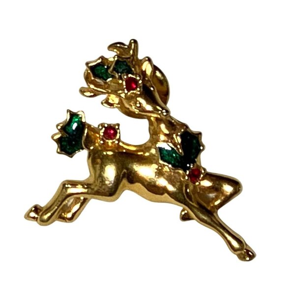 Avon Vintage Reindeer Pin Brooch Gold Tone With Red & Green Enamel Accents - Picture 2 of 6